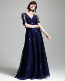 Short-Sleeve V-Neck Beaded Gown, Royal