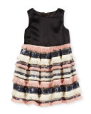 Sleeveless Sequin & Fringe Pleated Dress, Blush, Size 4-6