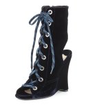 Velvet Lace-Up Wedge Bootie, Nero