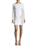 Long-Sleeve Sequined Lace Cocktail Dress, White