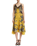 Sleeveless Feather-Print Dress W/Lace, Yellow