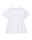 Short-Sleeve Netted Swim Coverup, White, Size 8-14