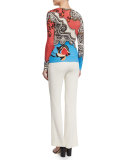 Long-Sleeve Mixed-Print Sweater, Coral/Blue