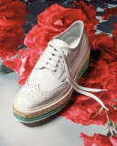 Platform Brogue-Trim Leather Oxford, White (Bianco)