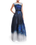 Dramatic Floral-Print Satin Gown, Navy/Multi