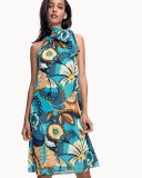 Sleeveless Floral Tie-Neck Shift Dress, Blue/Multicolor