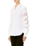 Lace-Inset Cotton Blouse, White