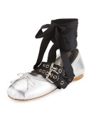 Metallic Belted Ankle-Wrap Ballerina Flat, Argento