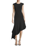 Cap-Sleeve Asymmetric Midi Dress, Black