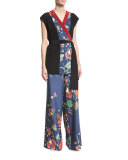 Floral-Print Wide-Leg Silk Toile Pants, Blue Multicolor