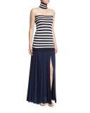 Pleated Front-Slit Maxi Skirt, Maritime