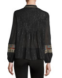 Mija Metallic-Stripe Embroidered Blouse, Black