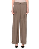 Pleated-Front Wide-Leg Pants, Mud