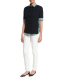 Half-Sleeve Mixed-Cable Sweater, Ink/Verde