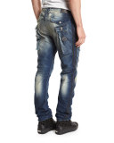 Distressed Side-Stripe Military Denim Jeans, Blue