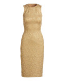 Sleeveless Metallic Jacquard Sheath Dress, Fawn/Gold