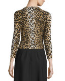 3/4-Sleeve Leopard-Print Cardigan, Black/Camel