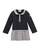 Long-Sleeve Cotton Stretch Two-Tone Shift Dress, Navy, Size 4-6