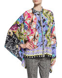 Patchwork Graffiti-Print Button-Front Poncho Blouse, Black/Purple