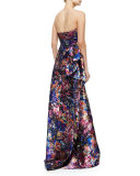 Strapless Floral-Jacquard Drape Gown, Floral