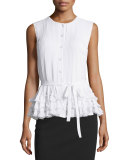 Sleeveless Button-Front Belted Blouse, Ivory