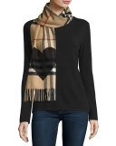 Giant Check Sequin Heart Cashmere Scarf, Camel/Black
