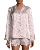 Silk Fan-Print Short Pajama Set, Pearl/Red