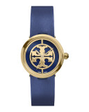 28mm Reva Leather-Strap Watch, Navy/Golden