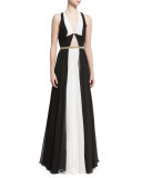 Sleeveless Colorblock Belted Gown, Black/White