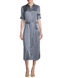 Striped Silk Charmeuse Midi Shirtdress, Navy