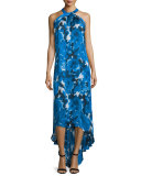 Sleeveless Floral-Print High-Low Gown 