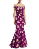 Off-the-Shoulder Floral Jacquard Mermaid Gown 