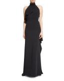 Halter-Neck Gown W/Side Ruffle, Black