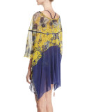 Antique Floral Tulle Caftan Coverup with Tassels, Yellow