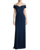 Beaded Off-the-Shoulder Gown, Navy