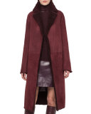 Long Reversible Shearling Fur Coat, Aubergine