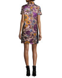 Floral Jacquard Mini Shirtdress, Copper Rose Metallic