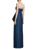 Strapless Structured Faille Draped Column Gown, Navy