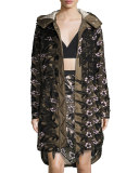 Long Floral-Lace Satin Parka, Khaki Multi