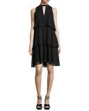 Sleeveless Tiered Chiffon Cocktail Dress, Black