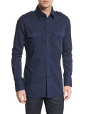 Military-Style Washed Twill Sport Shirt, Navy