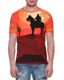 Cowboy-Print Short-Sleeve Tee, Orange Multi