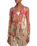 Long-Sleeve Belted Blouse, Orange