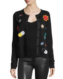 Cecila Embroidered-Patch Cardigan, Black