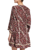Side-Gather Embroidered Silk Dress, Burgundy