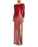Long-Sleeve Boat-Neck Ombre Sequined Gown, Tomette