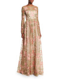 Long-Sleeve Floral-Embroidered Gown 