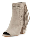 Iris Fringe Open-Toe Bootie, Sand