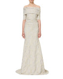 Textured Off-the-Shoulder Mermaid Gown, White Gold