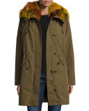 Hooded Zip-Front Jacket w/ Multicolored Fur Trim, Green Multi